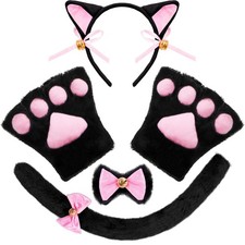 5 Pcs Kitten Black Kitty Cat Costume with Cat Ears Headband, Paws Gloves, Bow...