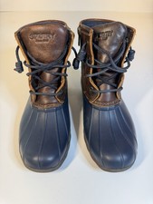 Sperry Saltwater Duck Rain Boots Navy/Dark Brown Leather Zip Lace Up Womens 6