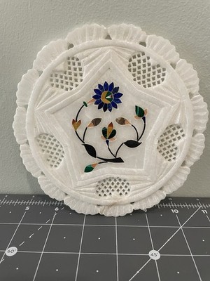 Marble Mother of Pearl Inlay Round Plate Jali Lattice Work Pietra Dura Handmade