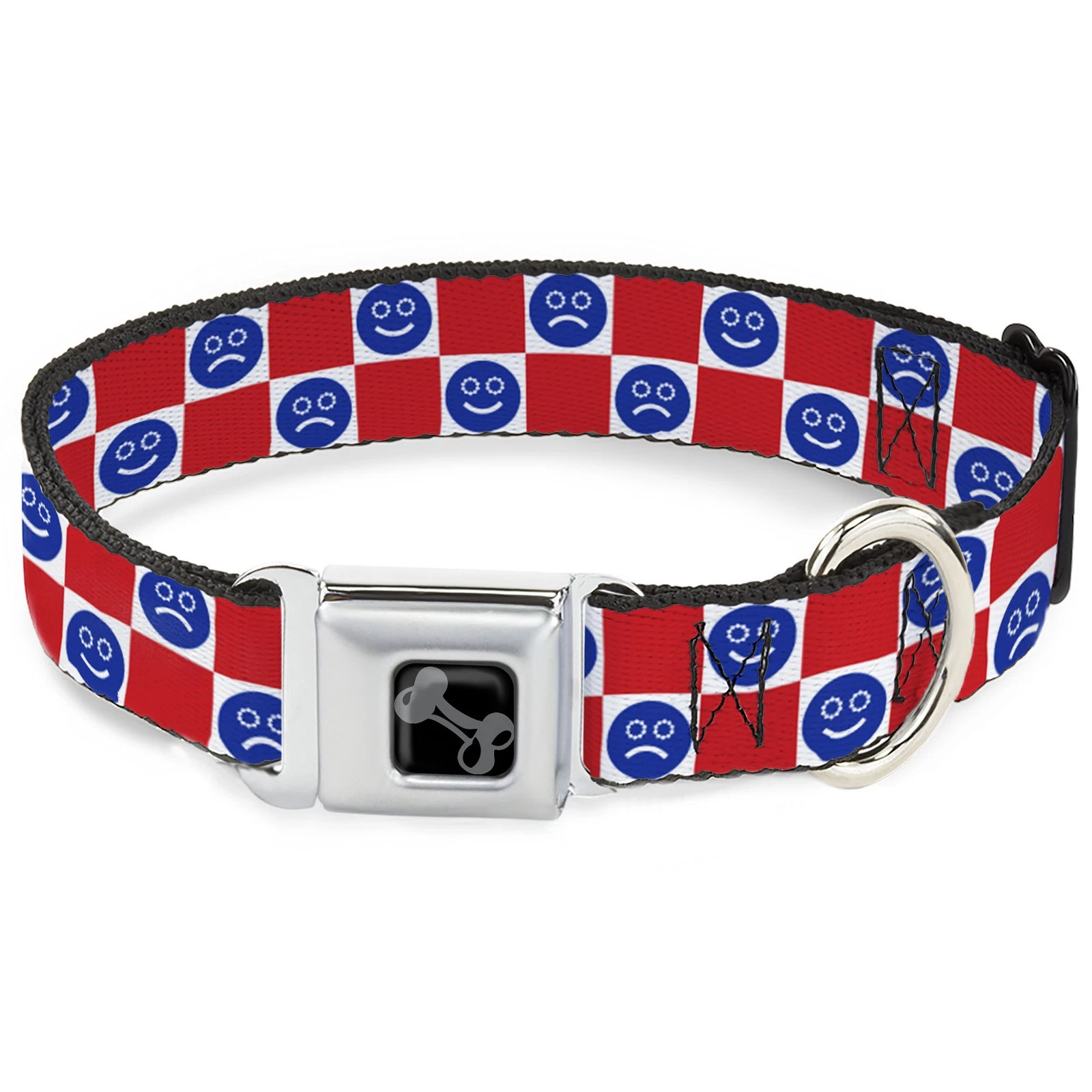 Dog Collar Bone Smiley Sad Face Checker Red/White/Blue Medium 11-16.5"