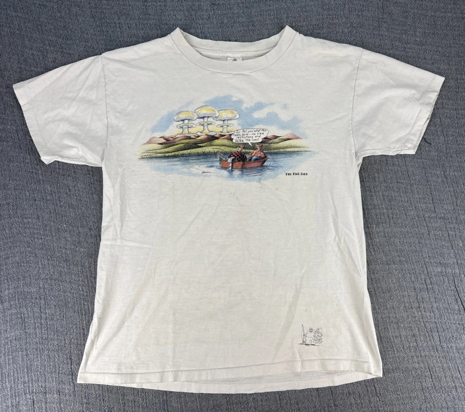 Vintage 80s The Far Side Mens Size XL Fishing Shirt Nuclear Mushroom Clouds USA
