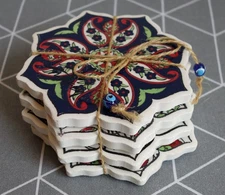Set of 4 Turkish Ceramic Pottery  Scalloped Tile Coasters Floral Colorful, New
