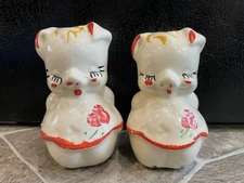 2 Lady Girl Pig SALT & PEPPER SHAKERS SET American Bisque 4" Vintage