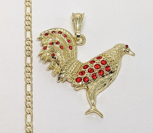 Gold Plated Iced Out CZ ROOSTER GALLO PENDANT 24 FIGARO Chain - Fran