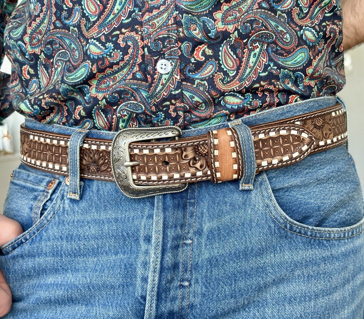Western Belt For Men Cowboy Full Grain Leather Hand Tooled With