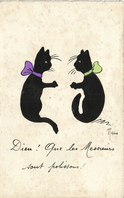 PC KATZEN, KÜNSTLER SIGNIERT, RENÉ, ZWEI SCHWARZE KATZEN, Vintage Postkarte (b47116)