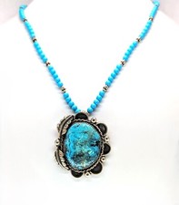 Sterling Silver Turquoise Pendent with Beaded Necklace, 18" Chain