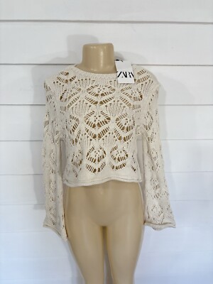 New ZARA Woman Crochet Cream Beige Long Sleeve Top Semi Sheer Size