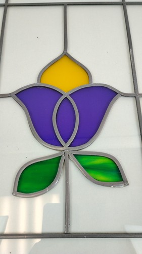 Stained Glass Window Pane Panel Purple/Yellow/Green Tulip Motif 27x13" Flower - Picture 6 of 12