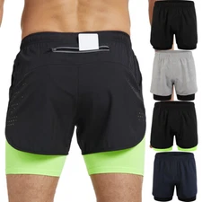  2 en 1 Pantalones Cortos Deportivos Hombre Casual Licra Shorts Para Running Gym