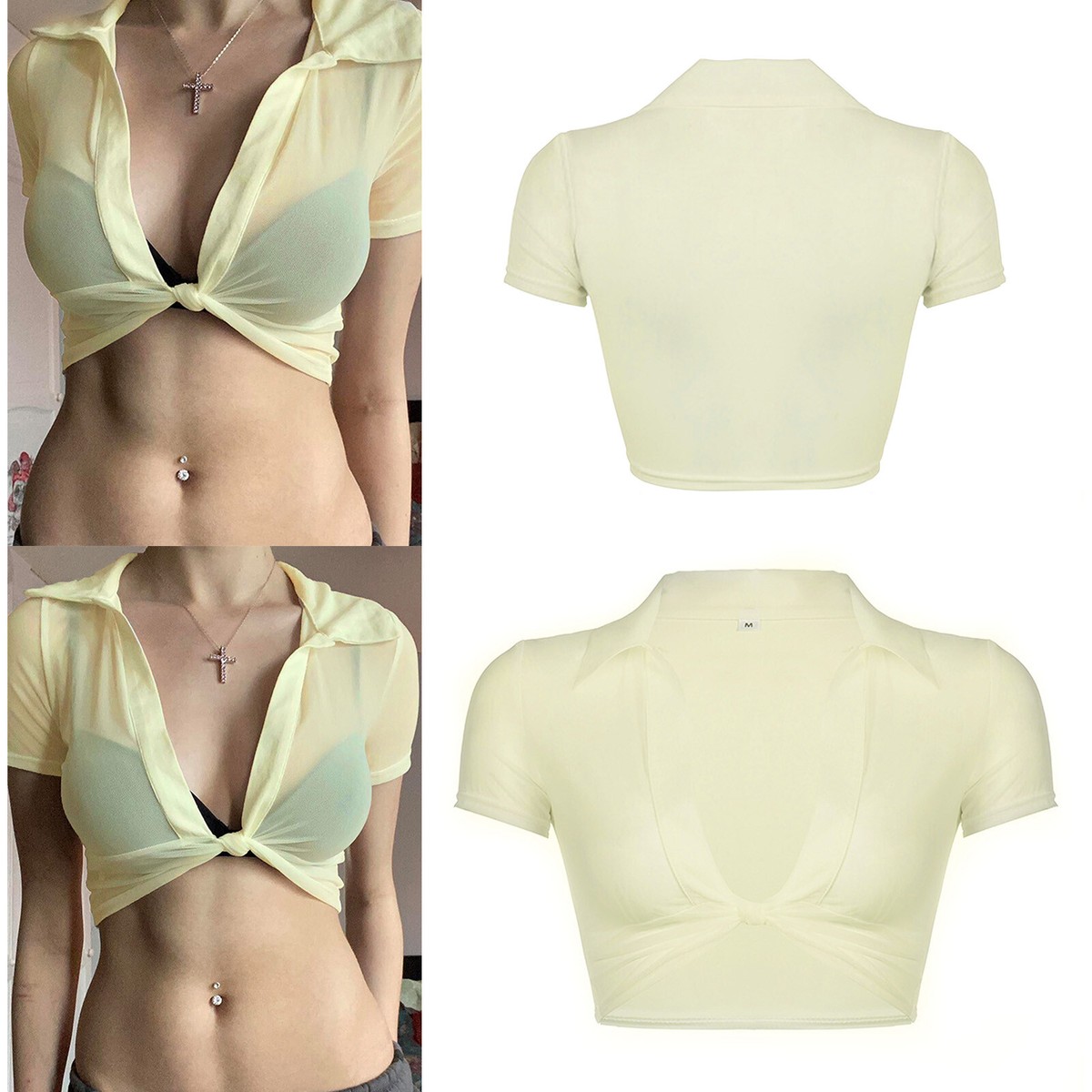 Women's Deep V T-Shirt See-Through Transparent Crop Top Neck Short
