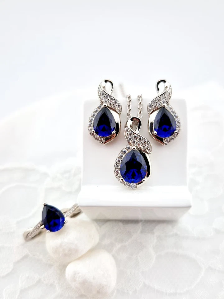 Anillo Pendientes y Colgantes Joyería Conjunto Nupcial Corte Pera Zafiro Creado Laboratorio Foto 3 de 4