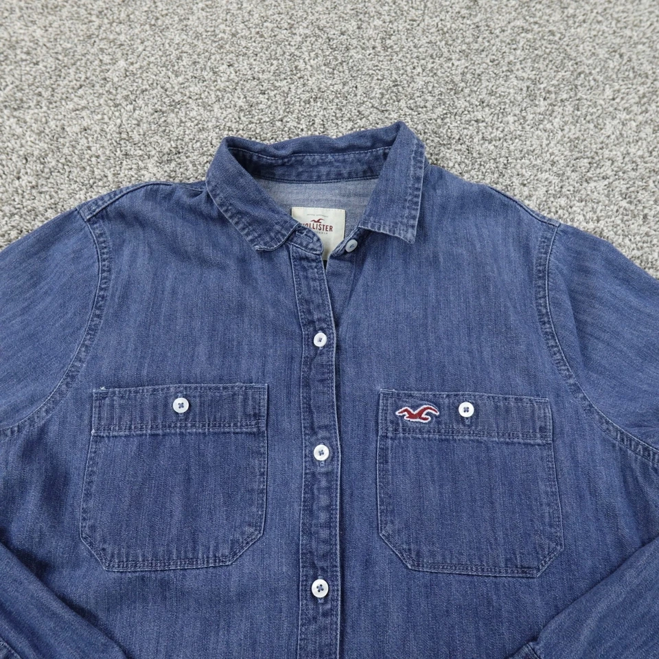 Hollister Shirt Women Small Blue Denim Long Sleeve Button Up Jean Shacket Casual - Image 4 of 4