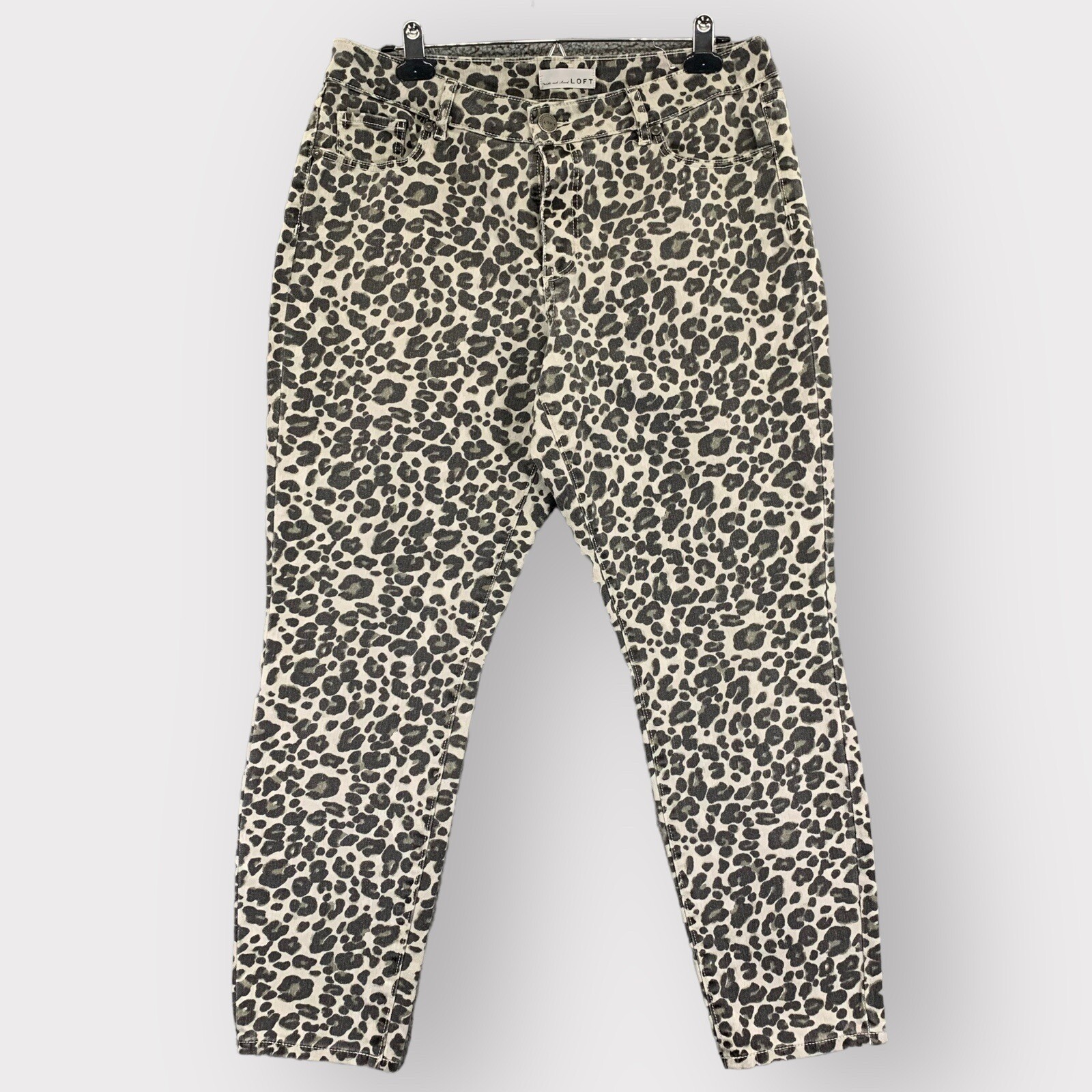 Loft Ankle Pants Women 12 Gray Beige Animal Print Curvy Fit Skinny Leg E47