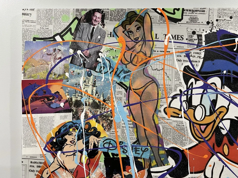 Pintura de medios mixtos de artista local 1/1 HGI FL Pato Donald Scrooge Walt Disney Pop Foto 2 de 4