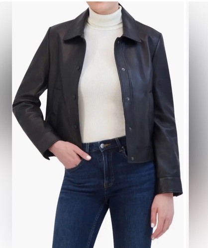 NWT REBECCA MINKOFF Cropped Snap Front Leather Jacket Women M Black MSRP$458 - Picture 2 of 8