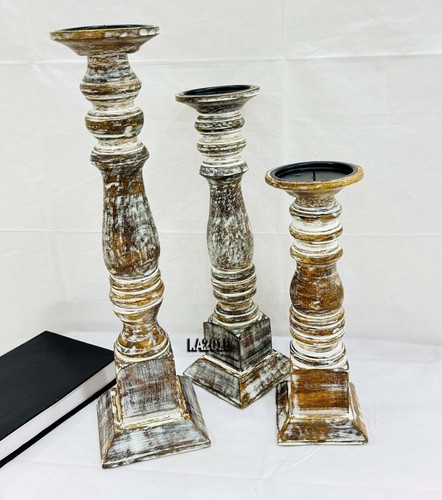 Nautical Natural Brown Wooden Hand Carved , Design Candle Stand (Set of 3) Round - Picture 3 of 8