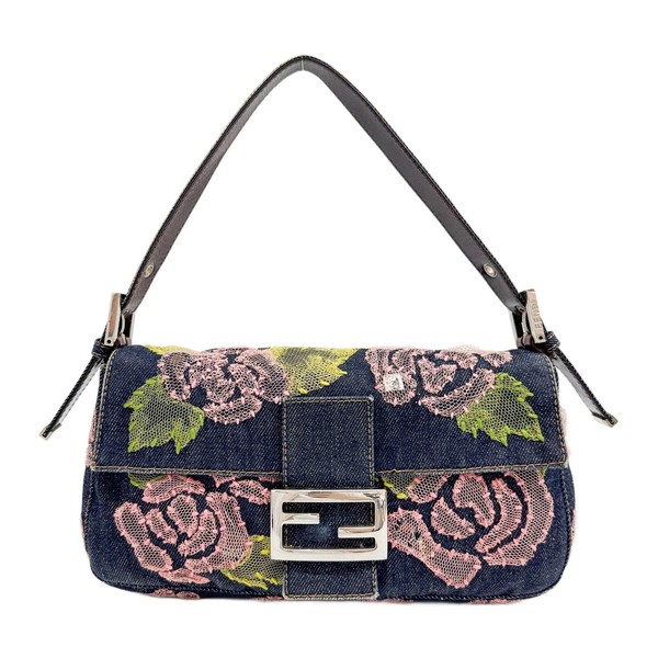 FENDI Baguette Floral Embroidered Blue Denim Shoulder Bag