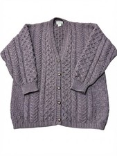 L.L.Bean Made in Ireland Purple Heather Wool Cable Knit Cardigan Sweater L VTG