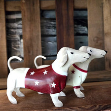 2 x Metall Hunde Dackel Figur Metallhunde Dackelfiguren Teckel Dachshund Sterne