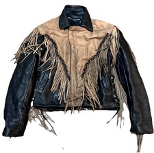 Vintage First Genuine Leather Fringe Jacket Black Brown Western Biker Style Sz L