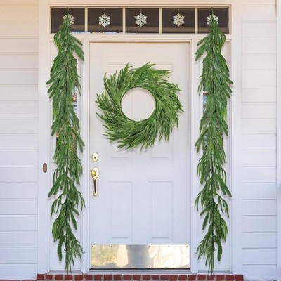 Jutom 3Piece Artificial Norfolk Pine Holiday 30inch Wreath and 6foot Garland Set