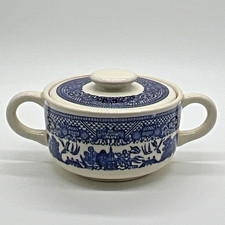 Vintage Blue Willow sugar bowl Blue and White with Lid and Handles