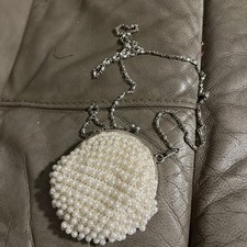 Vintage Pearl Beaded Evening Bag Bridal Clutch Purse w/Chain Strap Satin & Beads