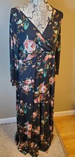 POSESHE Women XXL Black Pink Floral Faux Wrap Maxi Dress Long Sleeve Plus