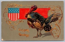 Postcard 'Thanksgiving Greetings' U.S. Flag and Turkey Gel Finish Gilded 1911