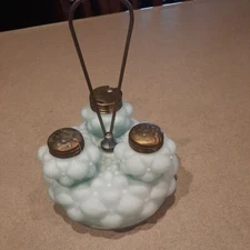 1890’s  Victorian Light Blue Eapg Quilted Bulging Petal Condiment Cruet Set