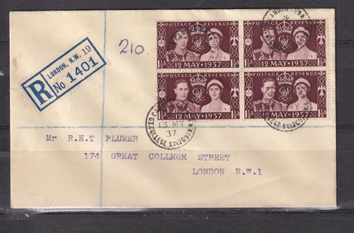 GREAT BRITAIN, 1937 Coronation 1 1/2d. block of 4 on Registered First Day Cover.