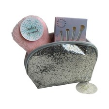 Silver Glitter Makeup Bag Pink Furry Eye Mask Mini Pink Brushes Beauty Bundle