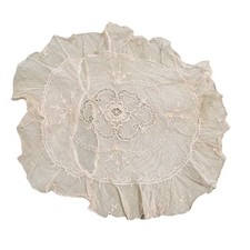 NET LACE Tambour Embroidered Round Boudoir Pillow Cover Buttons Antique Handmade