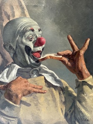 Famous Clown Painting By Veres Mid Century Portrait Circus MARGO CLARK VINTAGE
