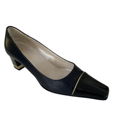 St John Pump Navy Black Patent Leather Square Toe Block Heel Gold Classic 36 6