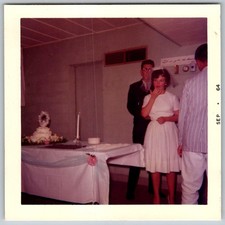 Vtg Color Snapshot Bride in Short White Wedding Dress Reception Cake Groom 1964