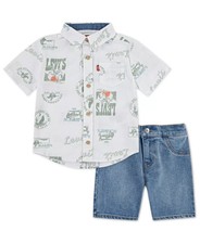 NWT Levi  s Boys 2-Piece Printed Shirt and Denim Short Set Size Small 4-5 Yrs 50