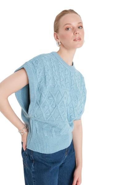 Trendyol Damen Crew Neck Cable Knit Regular Vest Sweater, Blau, M EU-image