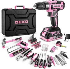 Pink Drill Tool Kit Set: 20V Cordless Power Drill Tool Box with Battery Electric