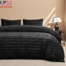 Fluffy Duvet Cover Set Queen 3pcs Striped Faux Fur Bedding Soft Microfiber New