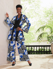Sz L Ashro Black Blue African American Pride Jalisa Duster Jacket Pant Suit Set