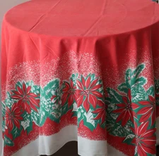 Vtg Rect Kitchen Print Tablecloth Holiday Christmas Poinsettia, Red, Green 60x50