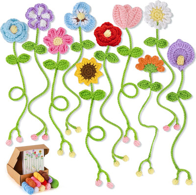 Crochet Kit for Beginners 10 Flower Bookmarks Crochet Starter Kits with Step-By-