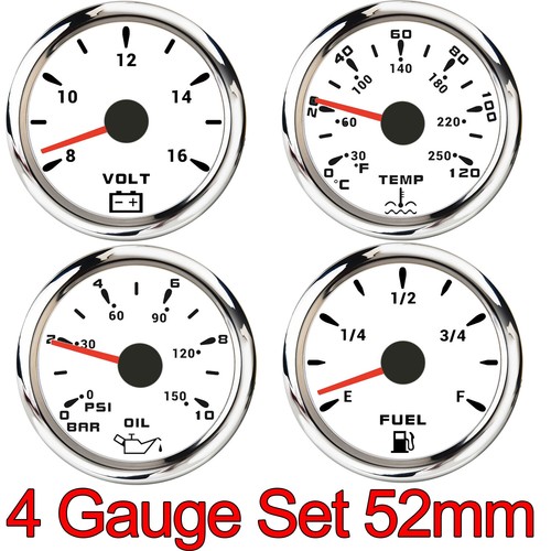 4 Gauge Set 52mm White Fuel Level Water Temp Oil Pressure Voltmeter for