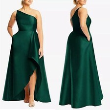 NEW ALFRED SUNG One-Shoulder Satin Gown Pockets Long Dress Hunter Green Size 12