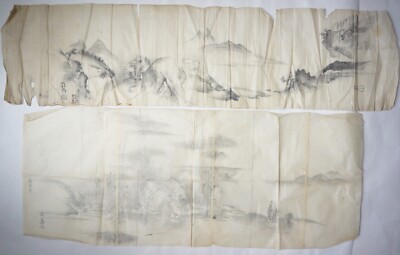 Japanese Ink Drawing or Woodblock Print Vintage Set from Japan