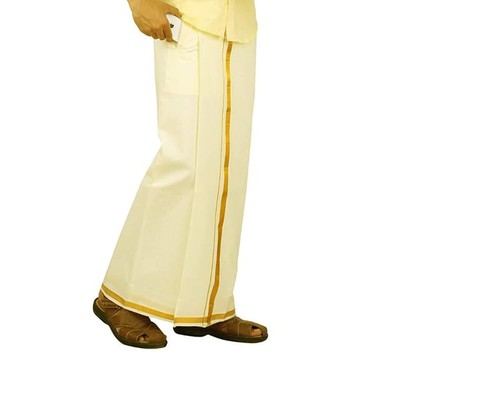 Dhoti En Coton Avec Bordure Zari Dorée - Double Couche Avec Angavastram, Taille Unique