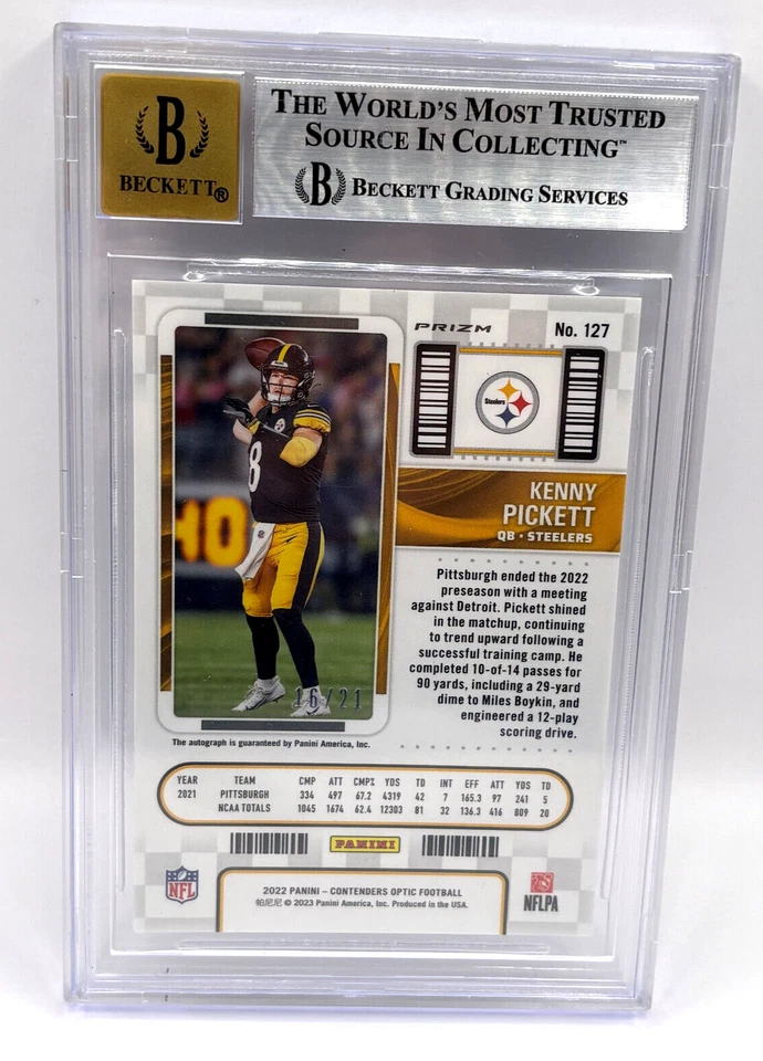 2022 Contenders Optic Kenny Pickett RC PURPLE PULSAR Becket 9 10 AUTO /21 #127 - Image 3 of 3