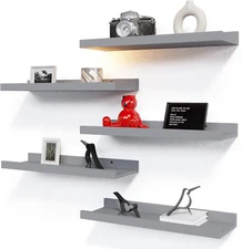 5 Set White Floating Wall Shelves for Home Decor - Modern Picture Ledge